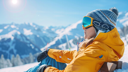 Woman snowboarder relaxing at ski lodge