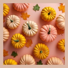 Fototapeta premium Multicolored pumpkins below on peach fuzz background Thanksgiving, autumn leaves, banner. Halloween party