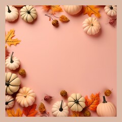 Fototapeta premium Multicolored pumpkins below on peach fuzz background Thanksgiving, autumn leaves, banner. Halloween party