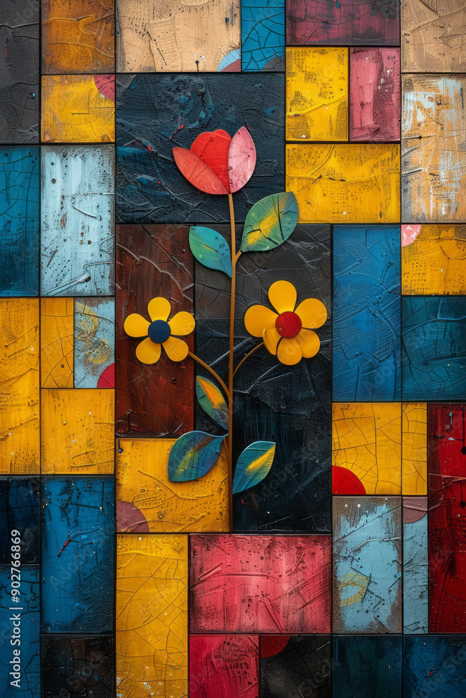 Poster clean image of colorful geometric shapes and floral motifs arranged in a retro psychedelic pattern,