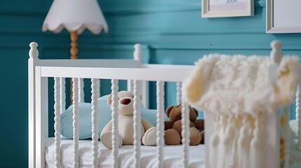Empty baby crib with stuffed toys inside