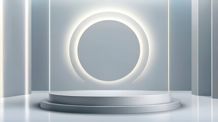 Abstract shine silver cylinder pedestal podium. Sci-fi white empty room concept with semi circle glowing neon lighting. Vector rendering 3d shape