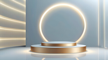 Abstract shine silver cylinder pedestal podium. Sci-fi white empty room concept with semi circle glowing neon lighting. Vector rendering 3d shape