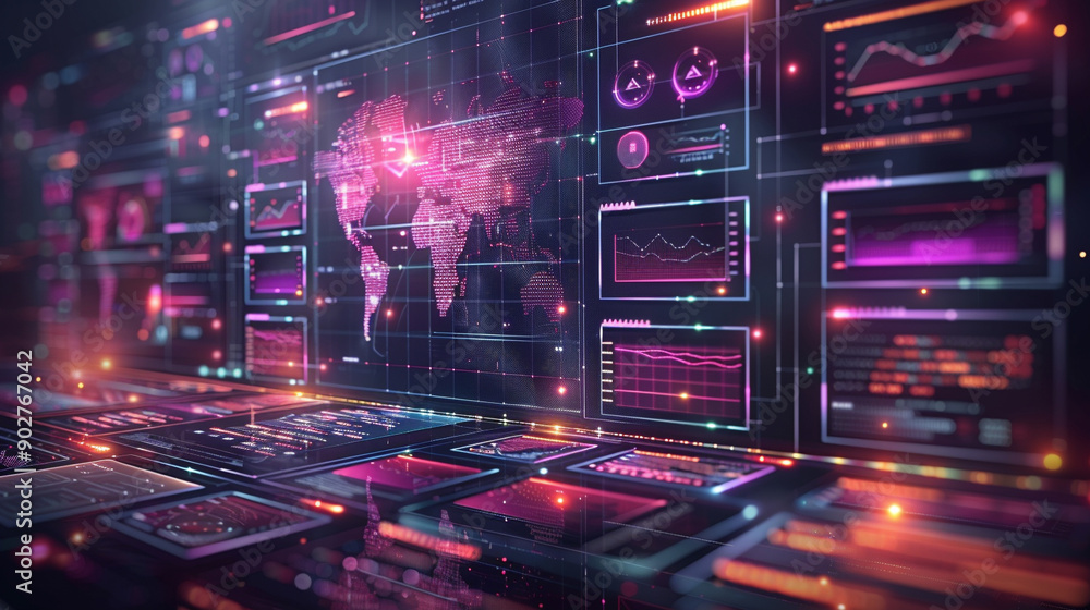 Poster a computer monitor displays a colorful, glowing map of the world