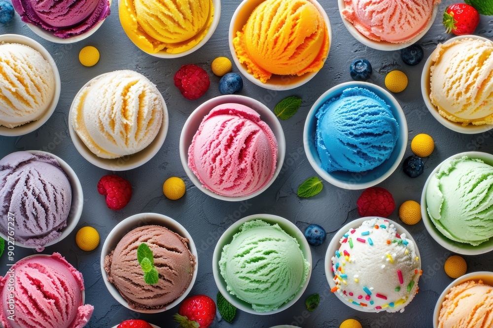 Poster a row of colorful ice cream bowls with various flavors and toppings. the bowls are arranged in a pat