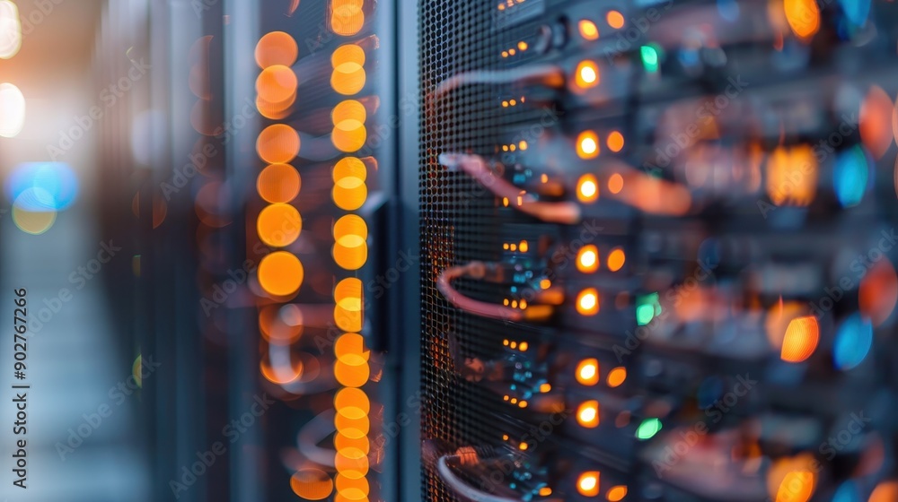 Poster a focused view of glowing servers with multi-colored blinking lights in a high-tech data center, sho