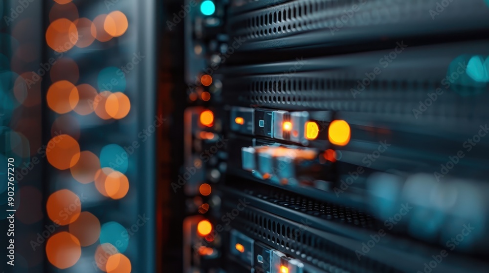 Poster a detailed image of colorful, illuminated servers inside a high-tech server room, highlighting the v
