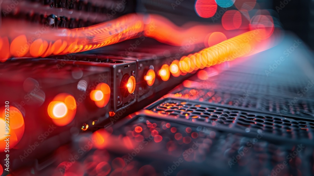 Poster a close-up view of red glowing server racks illustrating the modern advancements in data technology,