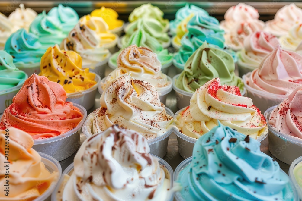 Poster a row of colorful ice cream cups with different flavors and toppings. the cups are arranged in a row
