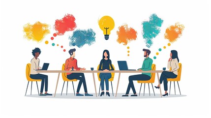 vector, illustration, Brainstorming office team with new idea generating process tiny person concept, transparent background. Creative and innovative marketing discussion and conversation illustration