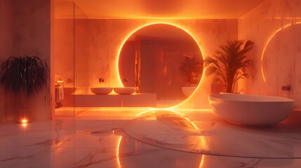 Minimalist luxury bathroom, circular backlit mirror, floating vanity, vessel sink, soft orange ambient lighting, potted plant, glass partition, modern design, sleek surfaces.