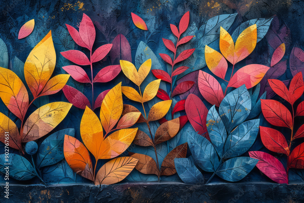 Poster sleek design showcasing abstract geometric shapes intertwined with retro floral and leaf patterns in
