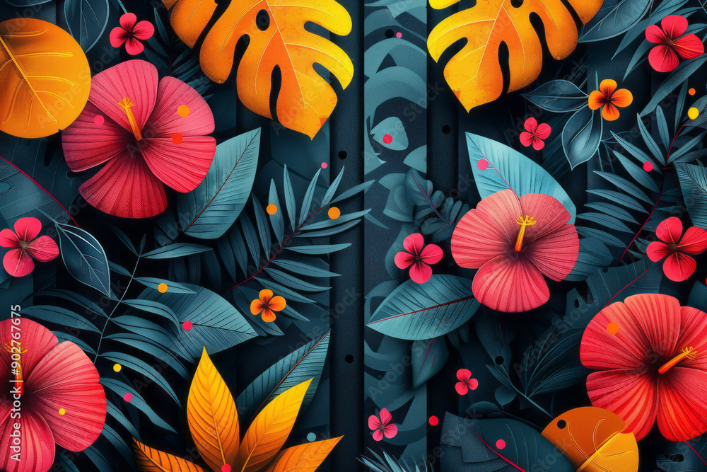 Poster sleek design showcasing abstract geometric shapes intertwined with retro floral and leaf patterns in