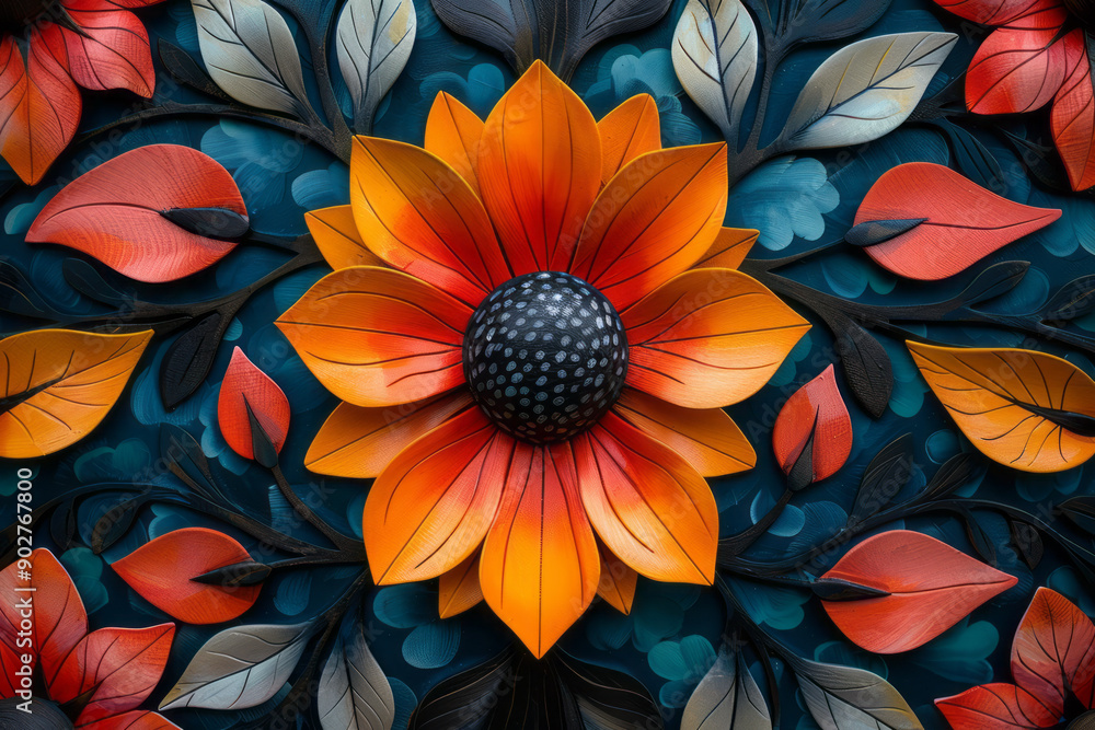 Poster clean depiction of a geometric pattern with colorful flower and leaf motifs, creating a retro-inspir