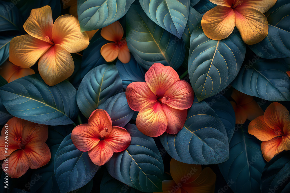 Poster clean depiction of a geometric pattern with colorful flower and leaf motifs, creating a retro-inspir