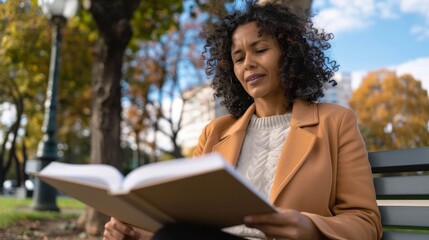 Fototapeta premium Serene Autumn Reading - Woman Enjoying Book in Park