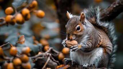 Obraz premium A squirrel is seen munching on a nut while perched on a tree branch adorned with small autumn fruits, presenting a picturesque and serene forest scene.