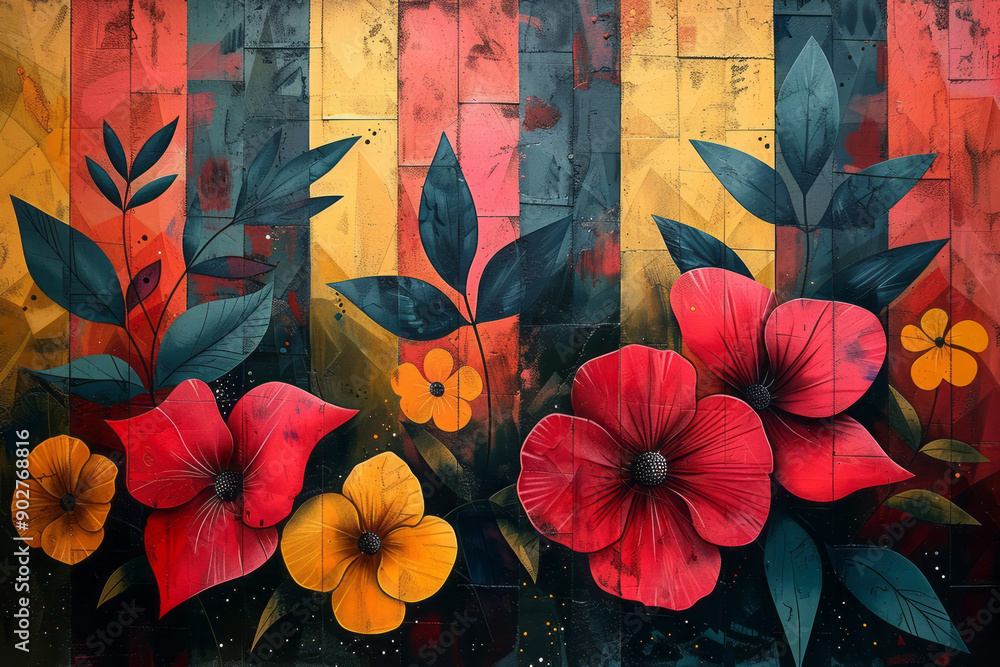 Poster clean image of overlapping geometric shapes and vibrant floral motifs, creating a harmonious retro p