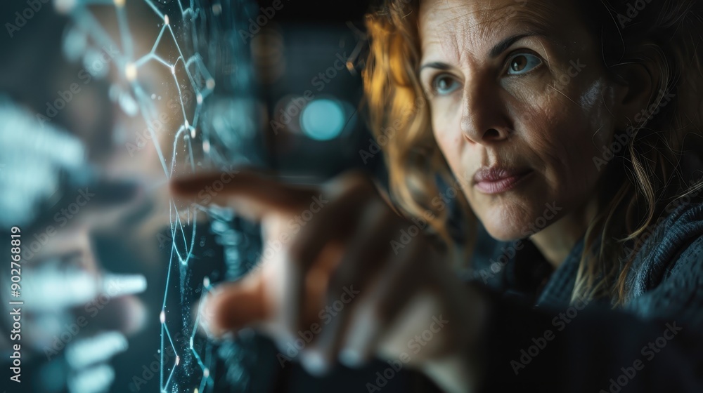 Poster focused woman interacts with a high-tech holographic display, pointing at various elements and analy
