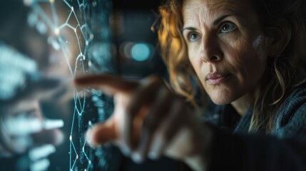 Focused woman interacts with a high-tech holographic display, pointing at various elements and analyzing data within a futuristic, cyber-themed setting.