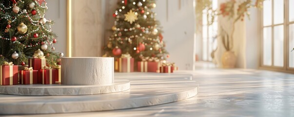 Minimalist Christmas scene with festive decorations and gift boxes in a snowy setting