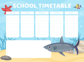 School Timetable with Cute Sea and Marine Shark Animal Swim in Ocean Vector Template
