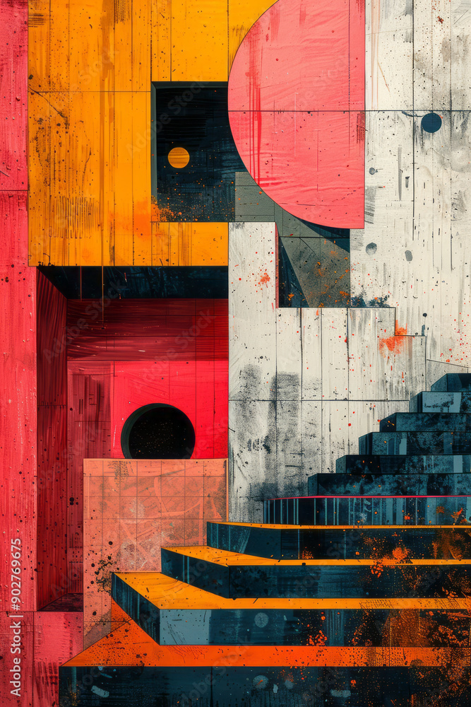 Poster clean depiction of abstract geometric forms in a risograph, combining retro colors and playful block