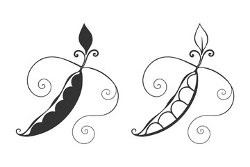 Stylized branch of  Pea pod with leaves and climbing shoots, contour and silhouette drawing,  logo or icon, isolated on white background.