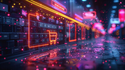 Obraz premium A neon sign with a shopping cart on it is lit up in a dark room