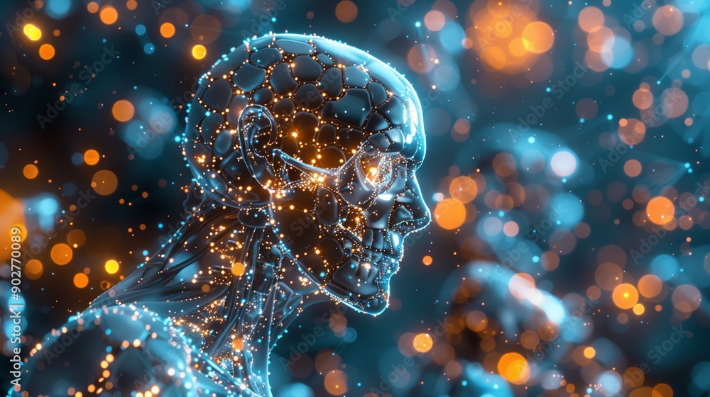 Poster intricate digital skeleton illuminated by dazzling particles in futuristic setting during twilight h