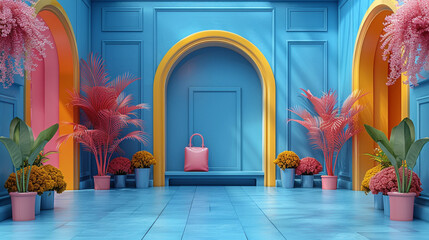 A blue room with a pink purse on a bench and a pink and yellow archway