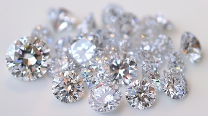Close-up of sparkling diamonds on a white background.