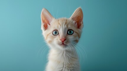 Obraz premium White kitten, vibrant blue background, studio portrait, curious expression, playful pose, attentive ears, bright green eyes, soft fur texture, cheerful mood, pet photography.