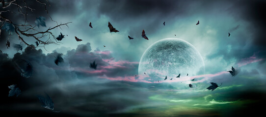 Halloween - Haunted Moon In Clouds With Bats And Falling Of Death Leaves 
