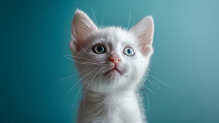 White kitten, vibrant blue background, studio portrait, curious expression, playful pose, attentive ears, bright green eyes, soft fur texture, cheerful mood, pet photography.