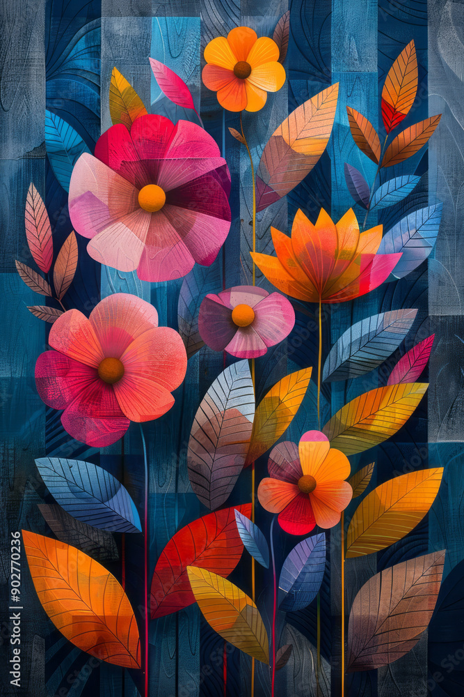 Poster sleek design of abstract geometric blocks combined with swirling flower and leaf patterns in a retro