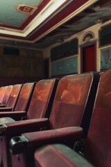 Row of empty seats in an old-fashioned theater, ready for the show to begin