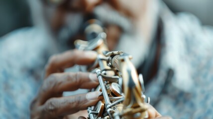 A detailed image capturing a musician's fingers skillfully playing a saxophone, highlighting the...