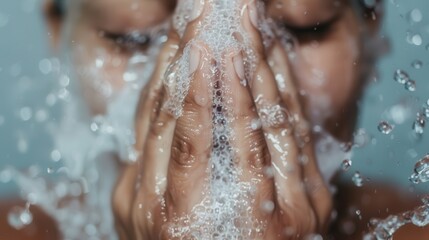Fototapeta premium A close-up image of a person washing their face with water splashing over their hands, highlighting cleanliness and refreshment in routine personal care, with a soft blue background.