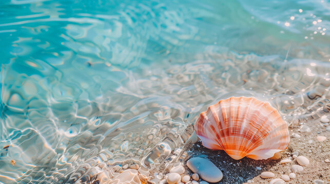 seashell on the beach, A light pink seashell, coral, and pebbles in a clear blue sea, aesthetic, summer vibe
