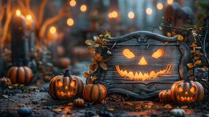 Obraz premium Enchanted Halloween Night Featuring Carved Pumpkins and Illuminated Decoration in Mystic Forest