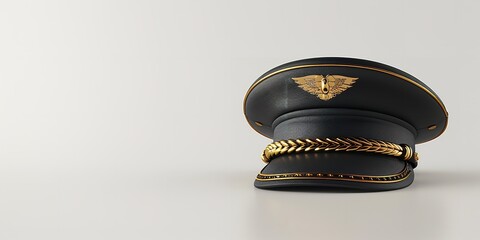 A solo golden aviation glyph represents a pilot's cap used in civil aviation or air transport isolated on a stark white backdrop with large text accommodation, Generative AI.