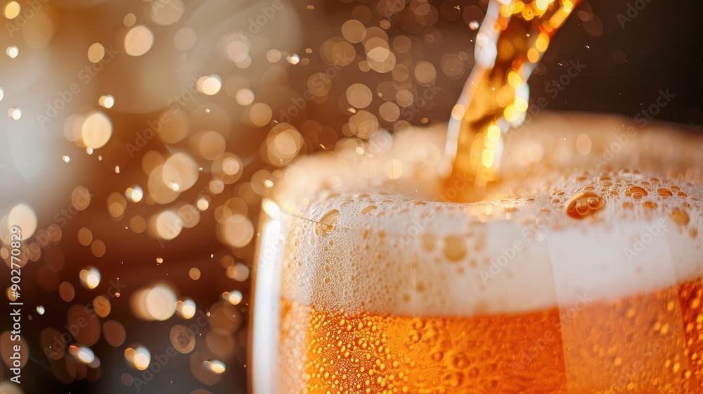 Poster the image captures the moment of a golden beer being poured into a glass, creating splashes and frot