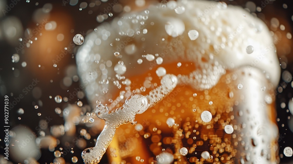 Poster this image captures the dynamic motion of beer splashing with frothy bubbles in sharp focus, creatin