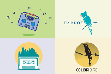 Collection of Birds with Music Player Cassette Tape vector illustration. Technology recreation icon concept. Cassette tape recorder vector design with shadow.