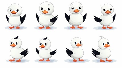Set of 8 vector kawaii geese, isolated white background, different camera angles, all parts are sharp