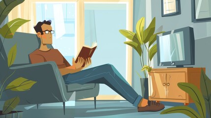Fototapeta premium Relaxed Man Reading in Cozy Living Room with Plants