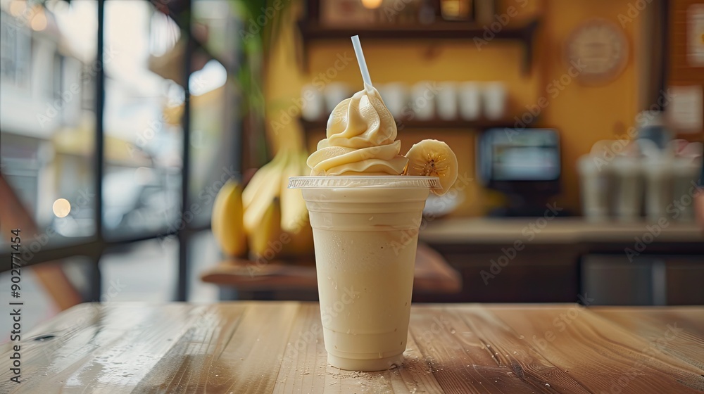 Poster a banana split with a straw in it sits on a wooden table. the scene is set in a cafe with a window b
