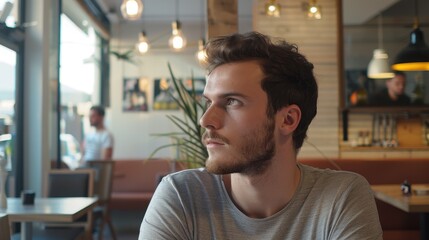 Fototapeta premium Thoughtful Young Man Gazing in Cozy Cafe Setting