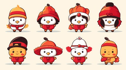 Set of 8 vector kawaii turkeys, isolated white background, different camera angles, all parts are sharp